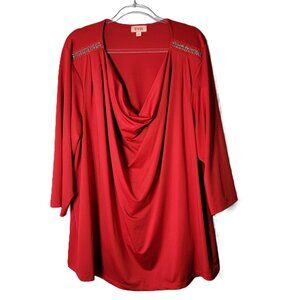 Evri Red Draped Top Plus Size 4X Beaded Long Sleeve Stretch Pullover